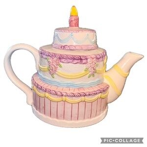 Lillian Vernon Vintage Ceramic 9.5 inch Teapot Happy Birthday Layer Cake